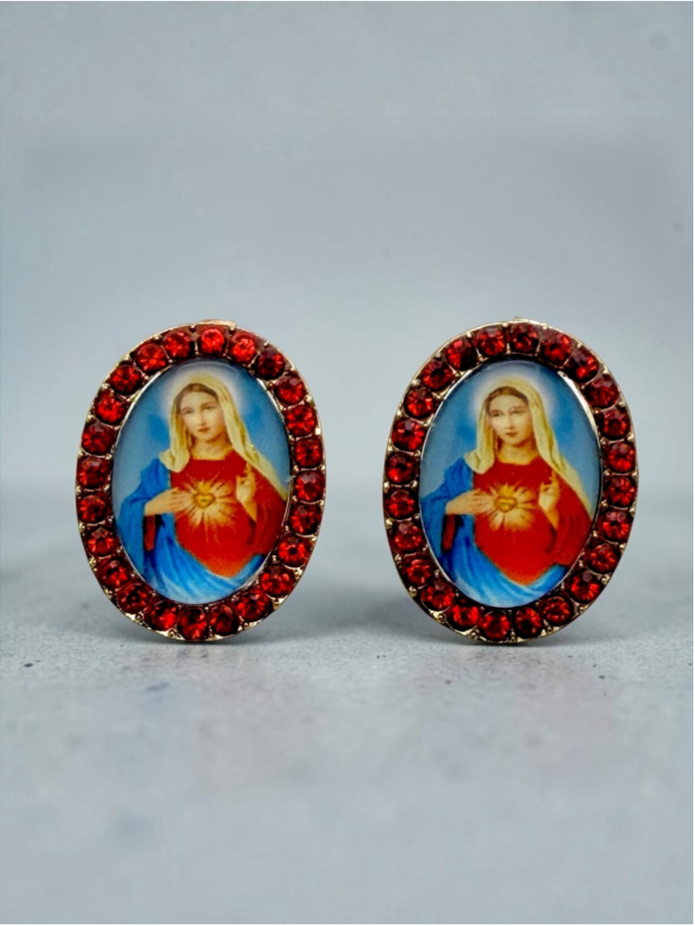 Sacred Heart of Mary Red Rhinestone 1” Oval Stud Earrings Gold Tone Catholic